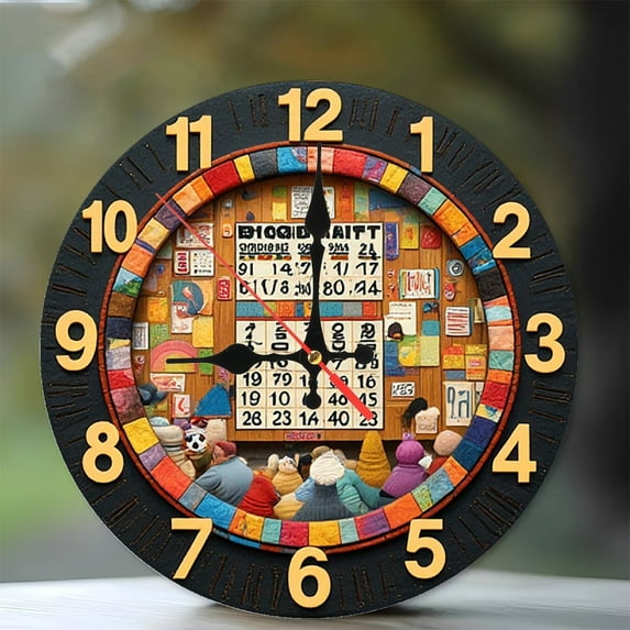 Colorful Patchwork Wall Clock Unique Design 10-Inch Silent Wooden Wall Clock, Battery Operated (AA Batteries Not Included), Artistic Home Decor