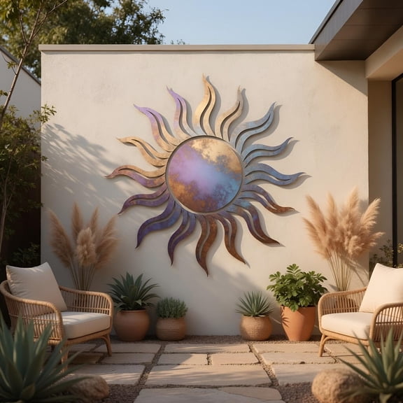 Colorful Patina Metal Sun Wall Art, Boho Wall Decor for Home or Garden