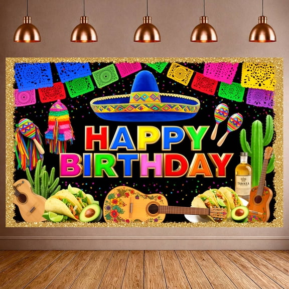 Colorful Pattern Happy Birthday Banner Sombrero Design Mexican Birthday Backdrop Taco Cactus Decor Fiesta Celebration Banner for Mexican Themed Party Birthday Celebration Indoor Decoration