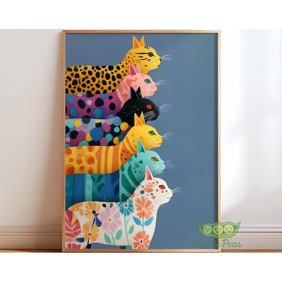 Colorful Patterned Cats Cat Stack Wall Art Print, Unframed Paper Poster 8x10in