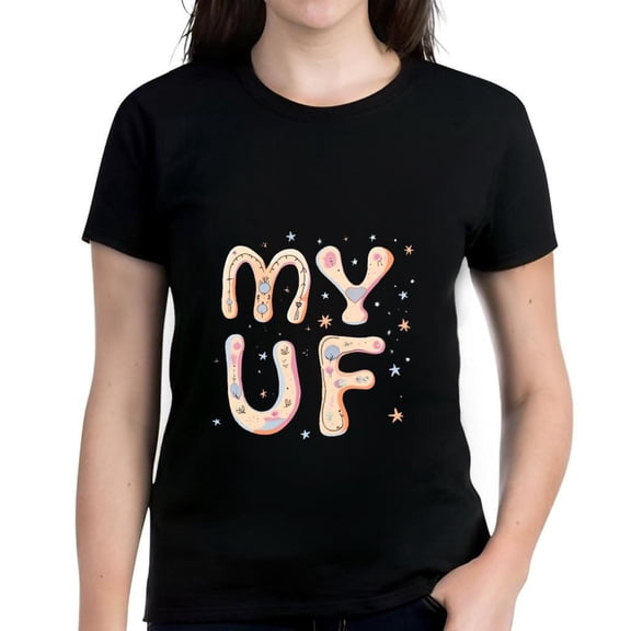 Colorful Patterned Cotton Short Sleeve T-Shirt for Women - " MY UF " Design with Stars & Hearts on Black Background