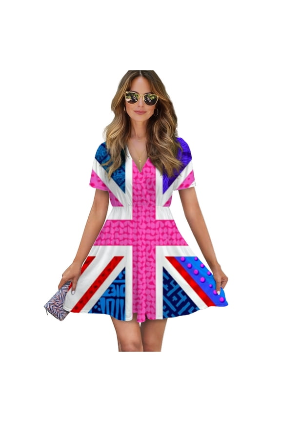 Colorful Patterned Union Jack Women Dress V-Neck Short Sleeve Flowy Swing Party Midi Dress