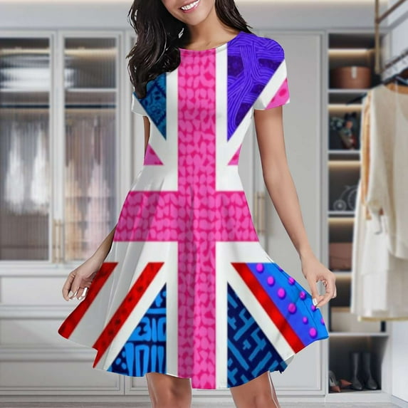 Colorful Patterned Union Jack Women's Classic Swing Skater Dress Casual Work Party Cocktail Dresses