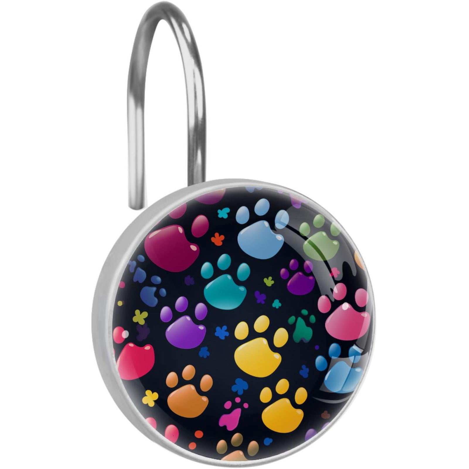 Colorful Paw Footprints Shower Curtain Hooks Round Crystal Glass, Set of 12 Shower Curtain Rings - Shower Hooks for Curtain Shower Rings