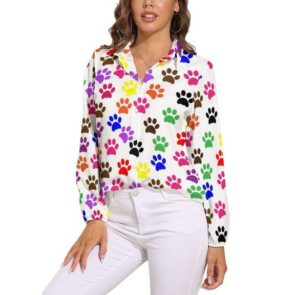 Colorful Paw Print Long Sleeve Blouse Woman Streetwear Casual Shirts Summer Oversize Woman Streetwear Clothing Birthday Present