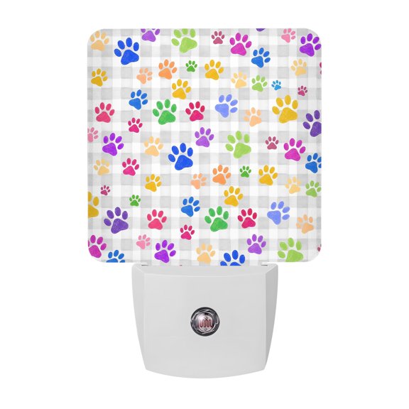 Colorful Paw Print Night Light, Modern Abstract Watercolor Blue Red Dot Grey Plaid Plug in Night Lights with Dusk to Dawn Sensor, Energy Saving White LED Nightlight for Bedroom Bathroom, Auto On/Off