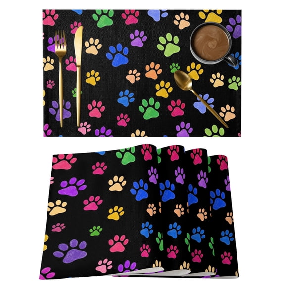 Colorful Paw Print Placemats Set of 2 Black Funny Cartoon Cat Dog Claw Place Mats Indoor Wipeable Table Mats Washable Cloth Dining Table Placemats for Kitchen Holiday Party Home Decor 13x19 Inch