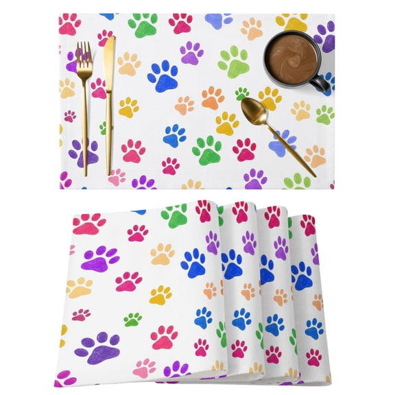 Colorful Paw Print Placemats Set of 6 Minimalist Cartoon Cute Claw Pattern Place Mats Indoor Wipeable Table Mats Washable Cloth Dining Table Placemats for Kitchen Holiday Party Home Decor 13x19 Inch