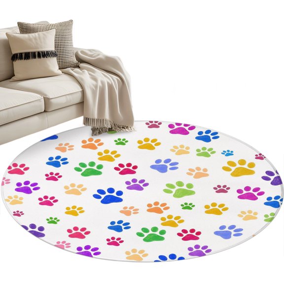 Colorful Paw Print Round Rug 3ft Washable Circle Entryway Rugs Non Slip Minimalist Cartoon Cute Claw Pattern Area Rug Indoor Floor Carpet for Bedroom Kitchen Living Room Office Dining Room Nursery