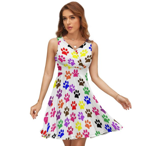 Colorful Paw Print Women's Tank Dress V Neck Sleeveless Summer Sundress