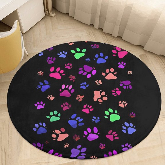 Colorful Paw Prints Round Area Rugs for Bedroom Living Room, 3FT Soft Indoor Circle Carpets, Carpet Home Decor Floor Mat