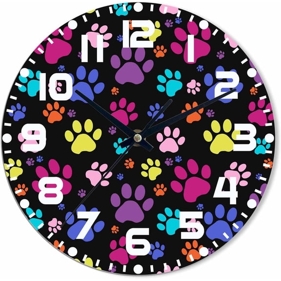 Colorful Paws Wall Clock Cute Animal Puppy Cat Paw Prints Battery Powered Wall Clock Silent Non Ticking 12x12 inch for Living Room, Kitchen, Home,Bathroom, Bedroom