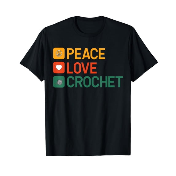 Colorful Peace Love Crochet T-Shirt for Craft Enthusiasts and Relaxed Style