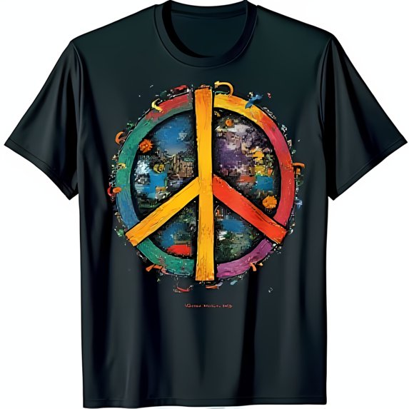 Colorful Peace Sign Black T-Shirt with Cityscape Design
