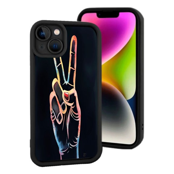 Colorful Peace Sign Design iPhone 15 Case - Lightweight Yellowing Resistant Vibrant Blue Pink & Yellow on Dark Background