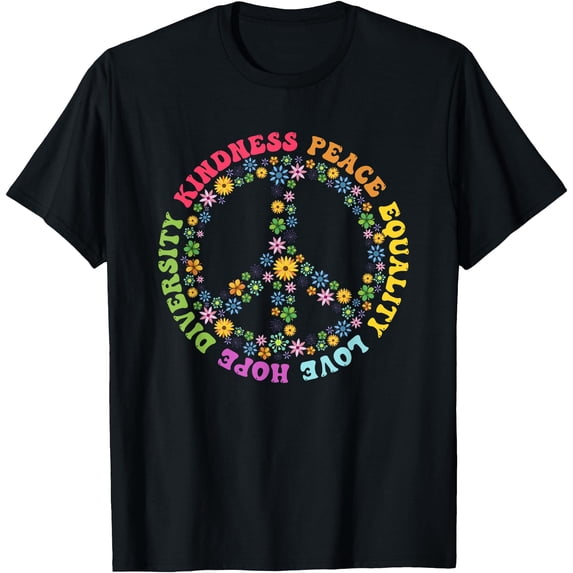 Colorful Peace Sign Floral Human Rights T-Shirt Promoting Kindness, Love, and Diversity