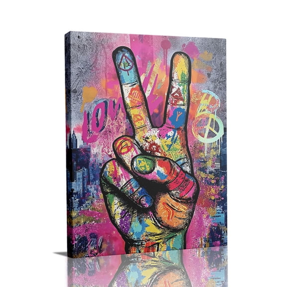 “Colorful Peace Sign Hand with Graffiti & City Backdrop” Urban Canvas Wall Art Ready to Hang for Living Room and Bedroom