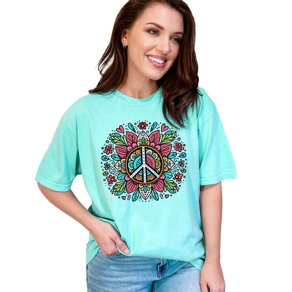 Colorful Peace Sign Illustration T-Shirt, Hippie Bohemian Style Graphic Tee, Vintage Flower Power Shirt, Retro Peace Symbol T-Shirt, Chalky Mint Comfort Colors T-Shirt, Small