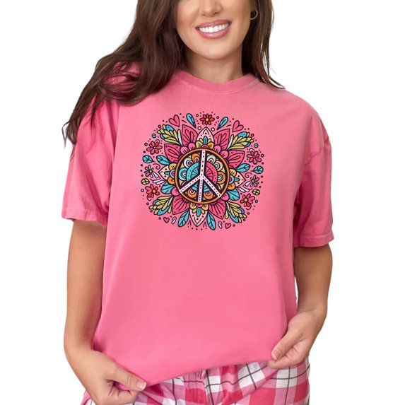 Colorful Peace Sign Illustration T-Shirt, Hippie Bohemian Style Graphic Tee, Vintage Flower Power Shirt, Retro Peace Symbol T-Shirt, Crunchberry Comfort Colors T-Shirt, Large