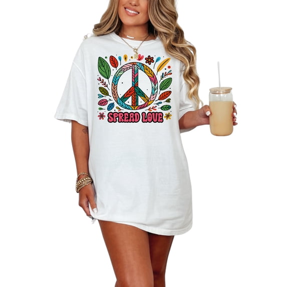 Colorful Peace Sign T-Shirt, Spread Love Graphic Tee, Boho Hippie Peace Shirt, Vibrant Peace Symbol Tee, Positive Vibes Shirt, White Comfort Colors T-Shirt, Small