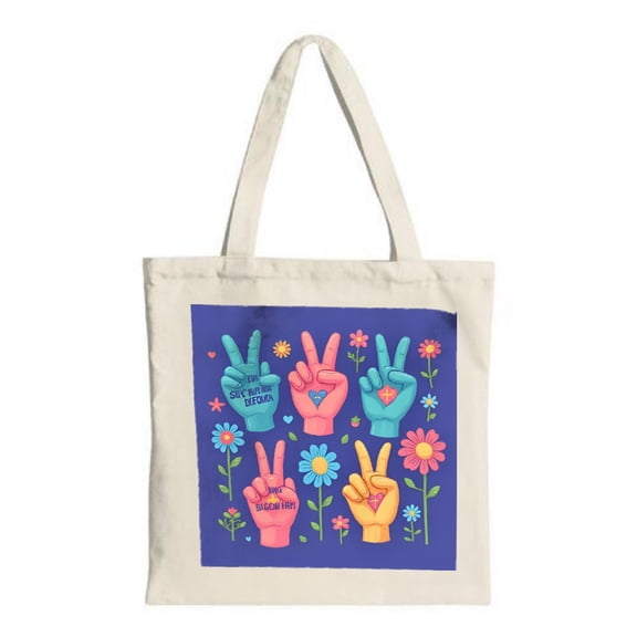 Colorful Peace Sign Tote Bag - Canvas Reusable Shopping Bag with Vibrant Hands & Flowers Perfect for Parties & Travel