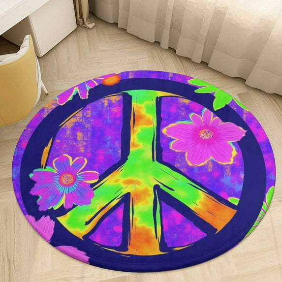 Colorful Peace Sign with Flowers Round Area Rugs for Bedroom Living Room, 6FT Soft Indoor Circle Carpets, Carpet Home Decor Floor Mat