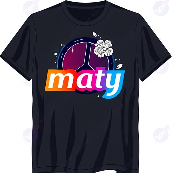 Colorful Peace Symbol & Rainbow 'Maty' Graphic on Black T-Shirt for a Bold Look