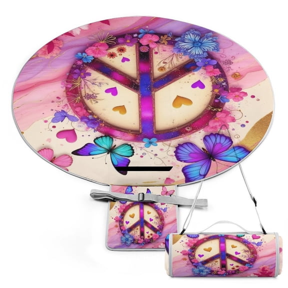 Colorful Peace Symbol with Butterflies Large Round Picnic Outdoor Blanket,Waterproof Foldable Blankets Picnic Mat for Beach, Camping