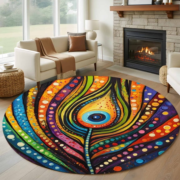 Colorful Peacock 8FT Round Area Rugs for Living Room Boho Abstract Feathers Polka Dots Ultra-Thin Non-Slip Round Rugs Machine Washable Low Pile Circle Carpet for Bedroom Kitchen Nursery