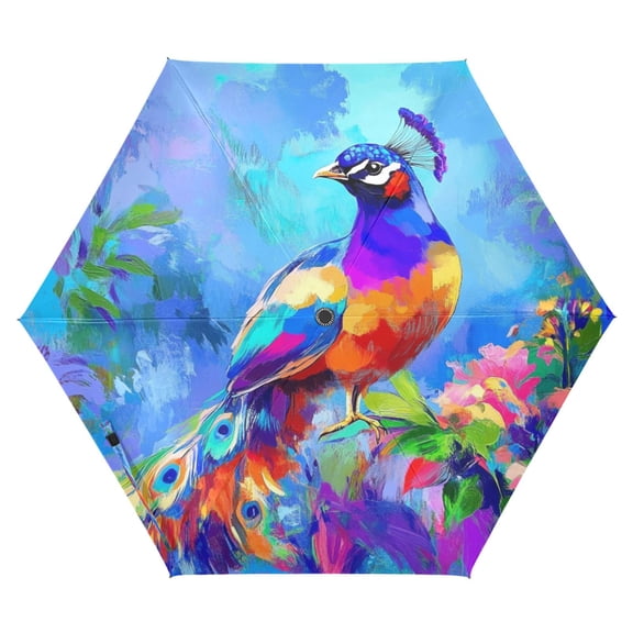Colorful Peacock Among Flowers Folding Umbrella UV50+ Waterproof Sun Protection Auto Open Close Compact Fiberglass Frame