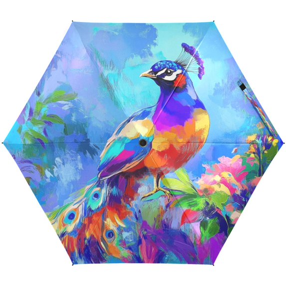 Colorful Peacock Among Flowers Umbrellas for Sun Auto Open Close UV50+ Waterproof 5-Fold Compact Fiberglass Frame