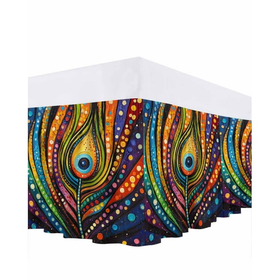 Colorful Peacock Bed Skirt King Size 18" Drop Boho Abstract Feathers Polka Dots Ruffled Wrap Around Bed Skirts Adjustable Elastic Bedskirt Dust Ruffle for King Size Bed