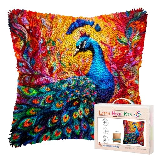Colorful Peacock DIY Latch Hook Pillow Kits for Adults Printed Pillowcase Crochet Yarns Hooking Handmade Pillow Cover Cushion for Home Sofa Decoration 17x17inch