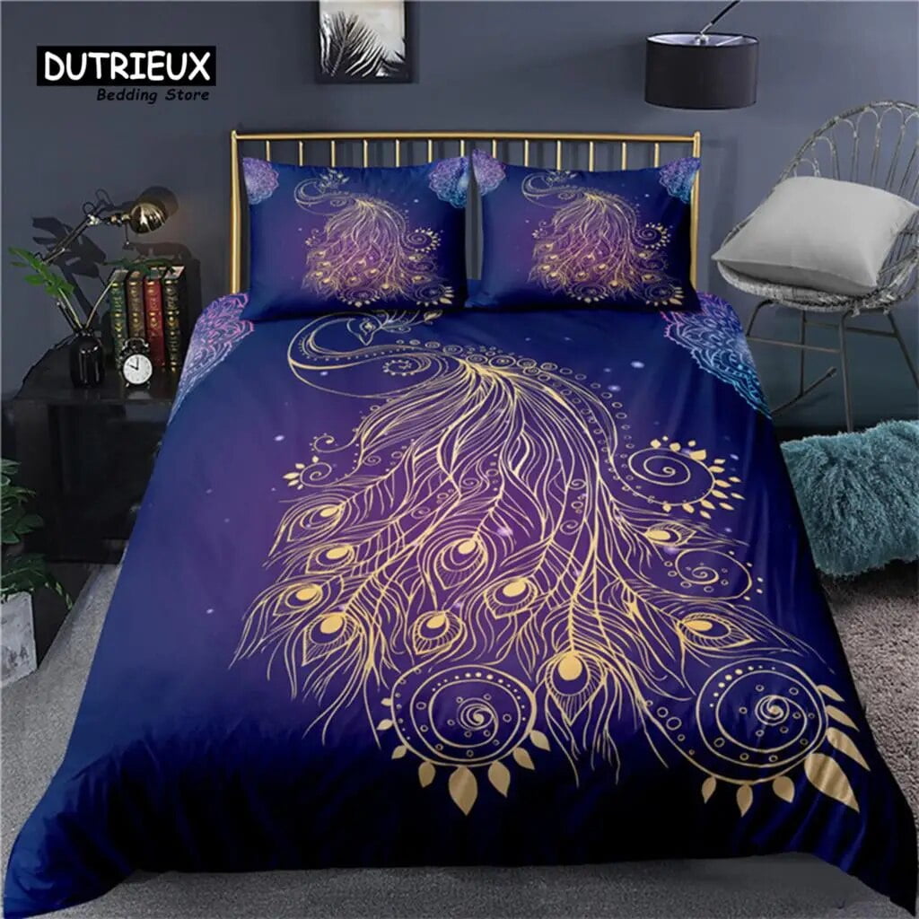 Colorful Peacock Duvet Cover Double King Size Soft Peacock Feathers