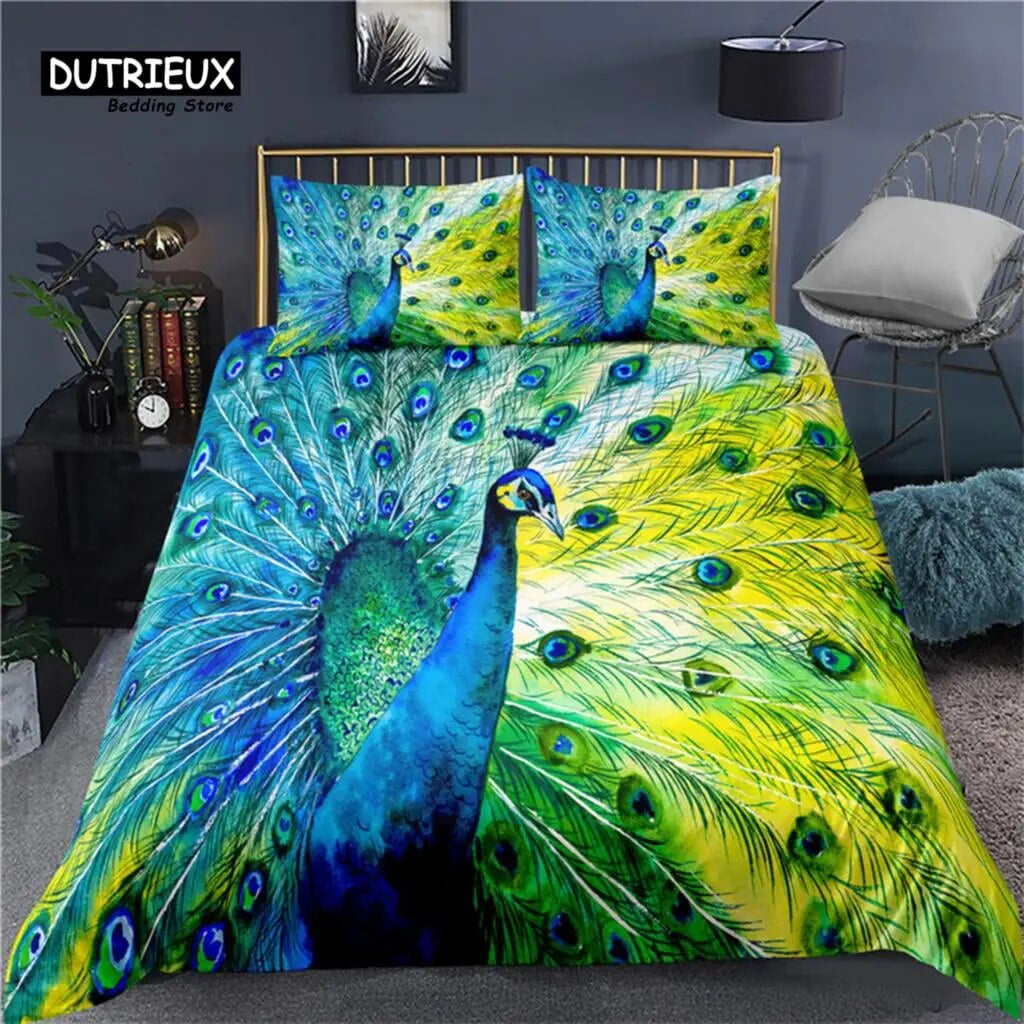 Colorful Peacock Duvet Cover Double King Size Soft Peacock Feathers