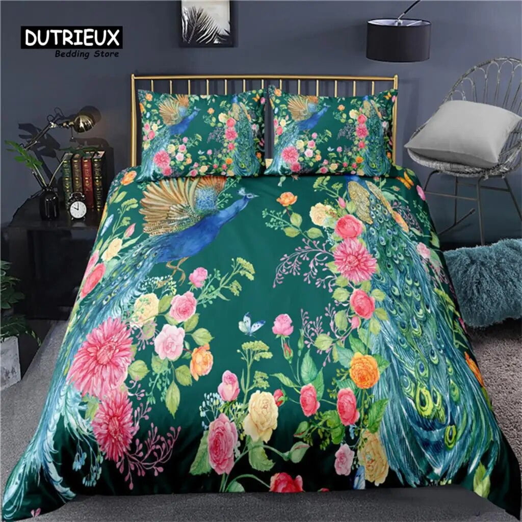 Colorful Peacock Duvet Cover Double King Size Soft Peacock Feathers