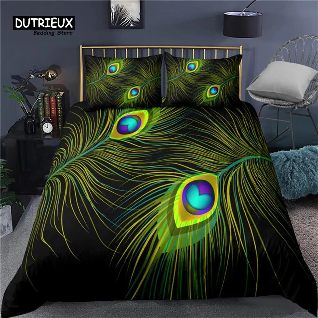 Colorful Peacock Duvet Cover Double King Size Soft Peacock Feathers