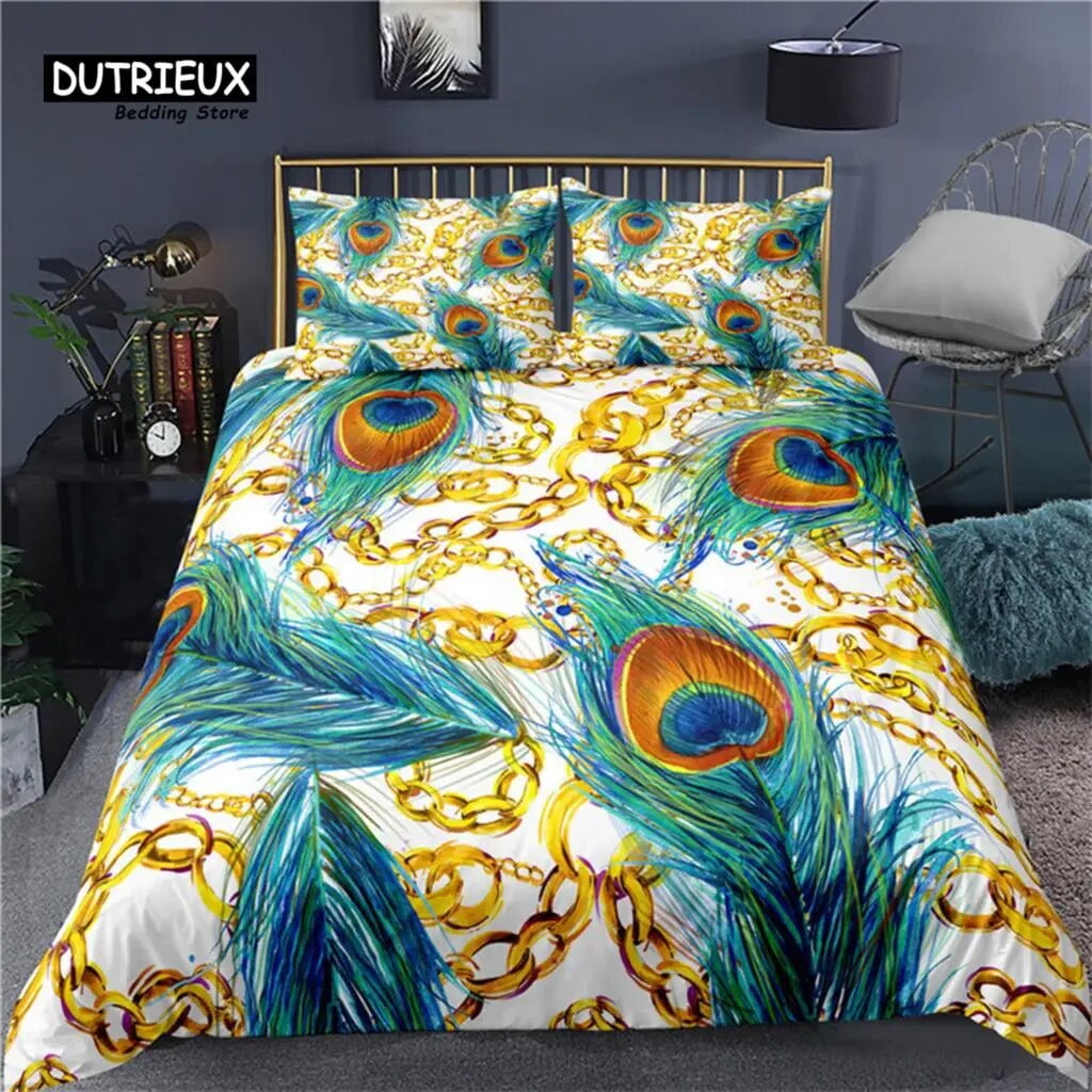 Colorful Peacock Duvet Cover Double King Size Soft Peacock Feathers