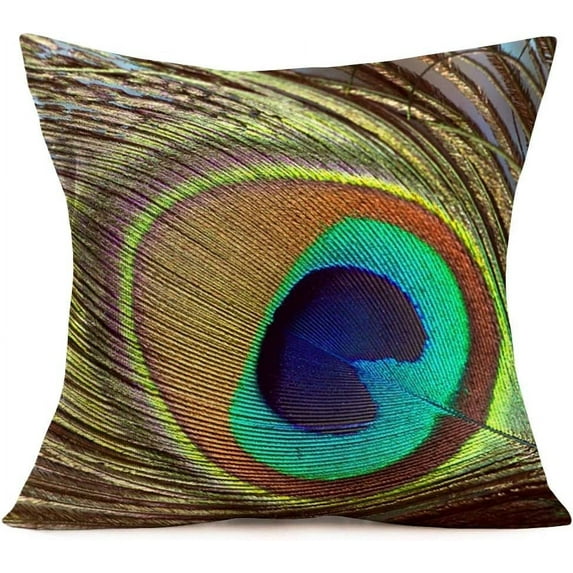 Colorful Peacock Feather Pillow Covers Cotton Linen Square Decorative Throw Pillow Case Abstract Feather Cushion Cover Home Sofa Decor Toss Pillow Pillowcases 18 x 18 Inches (PF#16)