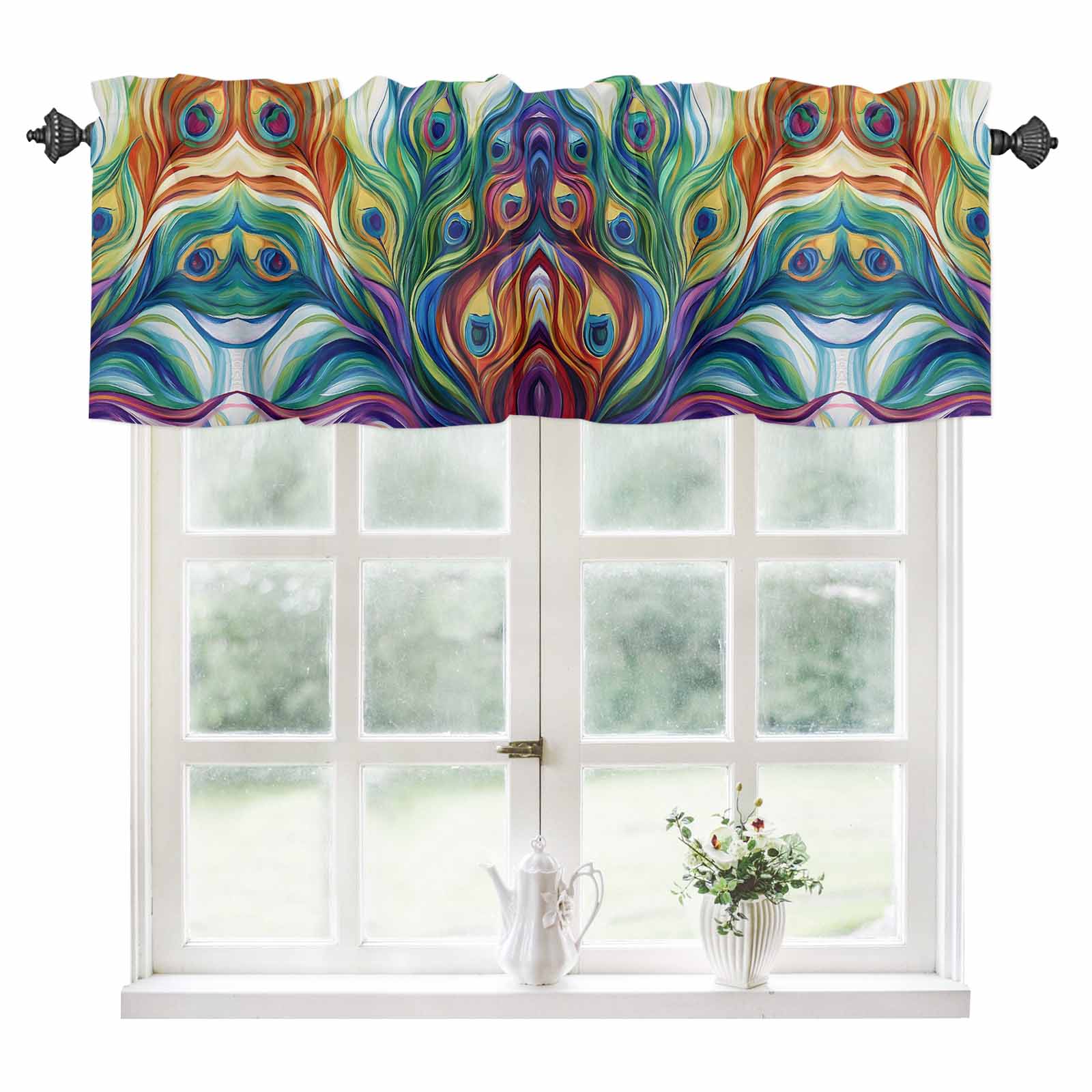 Colorful Peacock Feathers Kitchen Valances for Windows 60x18 Inch ...