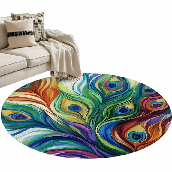 Colorful Peacock Feathers Large Area Rugs for Bedroom Living Room, Soft Non Slip Carpet Bedside Rug, Oil Painting Abstract Art Round Floor Cover Kitchen Accent Rug 4' for Dining Room/Office