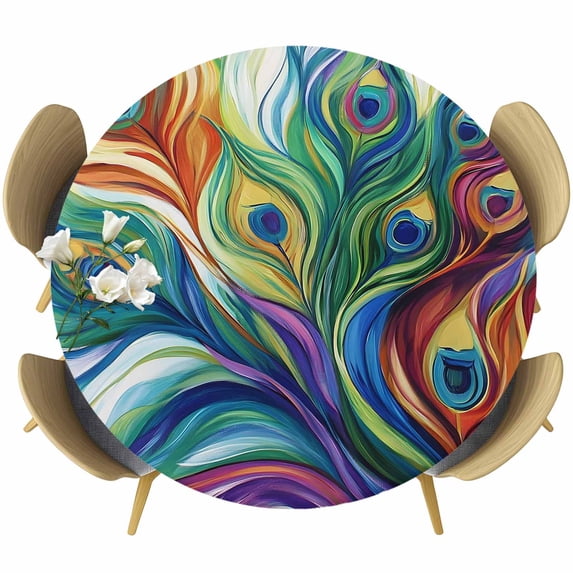 Colorful Peacock Feathers Round Tablecloth 45-54 Inch Round Fitted Table Cloth with Elastic Edge, Oil Painting Abstract Art Waterproof Table Cover Protector for Outdoor Picnic Party Dining