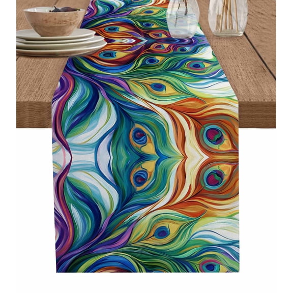 Colorful Peacock Feathers Table Runner 48 Inches, Oil Painting Abstract Art Bed Runner Dresser Scarves Tabletop for Indoor Outdoor Parties/Ceremony/Banquet, 13" x 48"