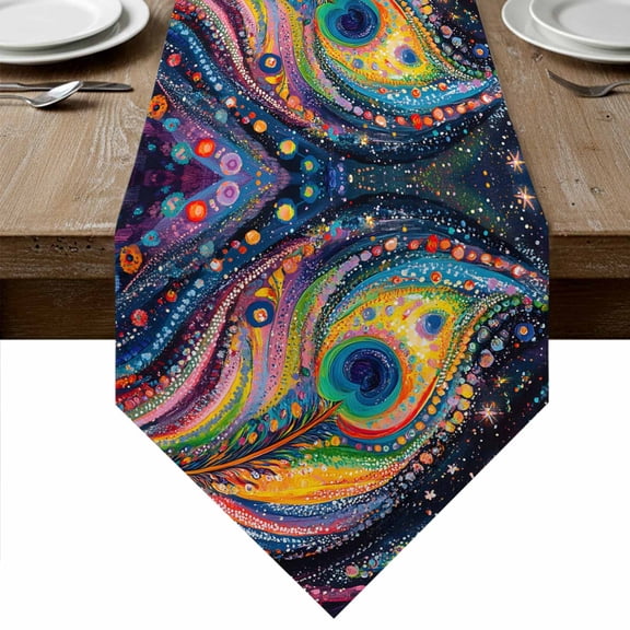 Colorful Peacock Feathers Table Runner Linen Burlap Table Runner 48 Inches Long Abstract Watercolor Oil Painting Dresser Scarves for Kitchen Island Coffee Dining Party Wedding Holiday Decor 13"x48"