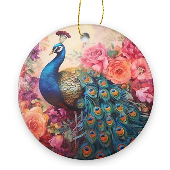 Colorful Peacock With Flowers Colorful Background - Christmas Ornament Xmas Keepsake Ceramic Ornaments Holiday Decorations for Tree Christmas Gift Ideas 2.95in