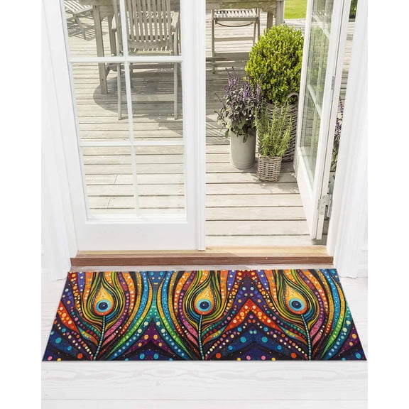 Colorful Peacock Front Door Mat Boho Abstract Feathers Polka Dots Welcome Doormat Indoor Outdoor Entrance Floor Mat Non-Slip Washable Runner Rug for Front Porch Decor 16x47 Inch