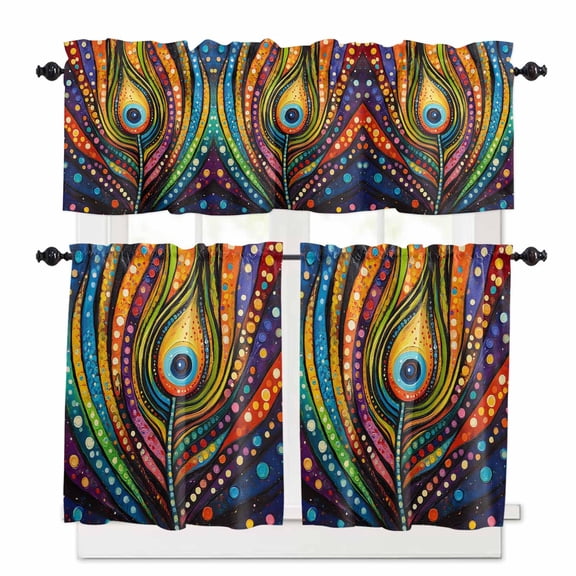 Colorful Peacock Kitchen Curtains and Valances Set, Boho Abstract Feathers Polka Dots Rod Pocket Window Valance 18 Inch Window Curtain Panels for Living Room Bedroom Laundry, 27.5x24in, 3 Pieces