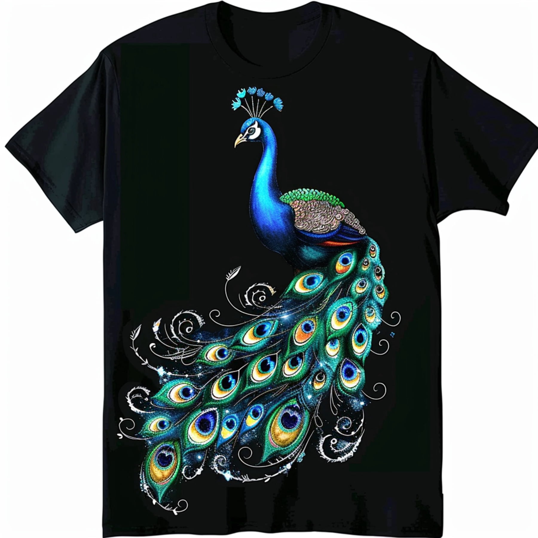 Colorful Peacock Long Tail Eyes Black T Shirt Vector Detailed Realistic
