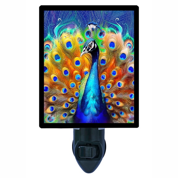 Colorful Peacock Night Light Vibrant Blue and Gold Feather Display Includes Free Switchable Insert