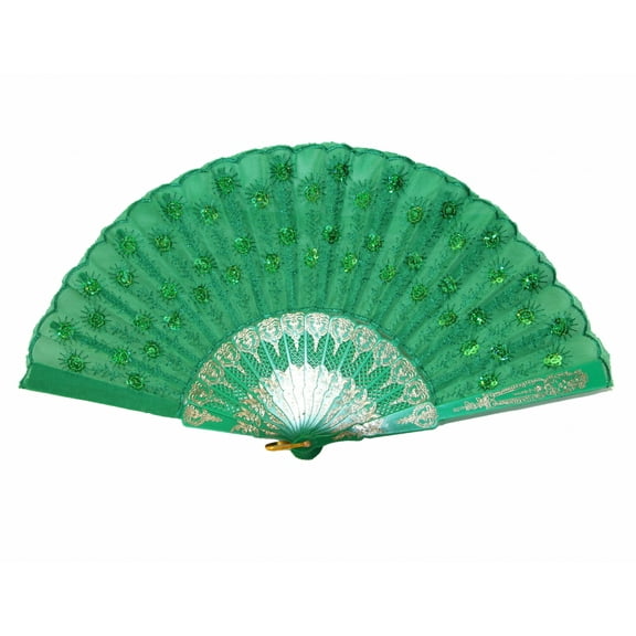 Colorful Peacock Pattern Sequin Fabric Hand Fan-green